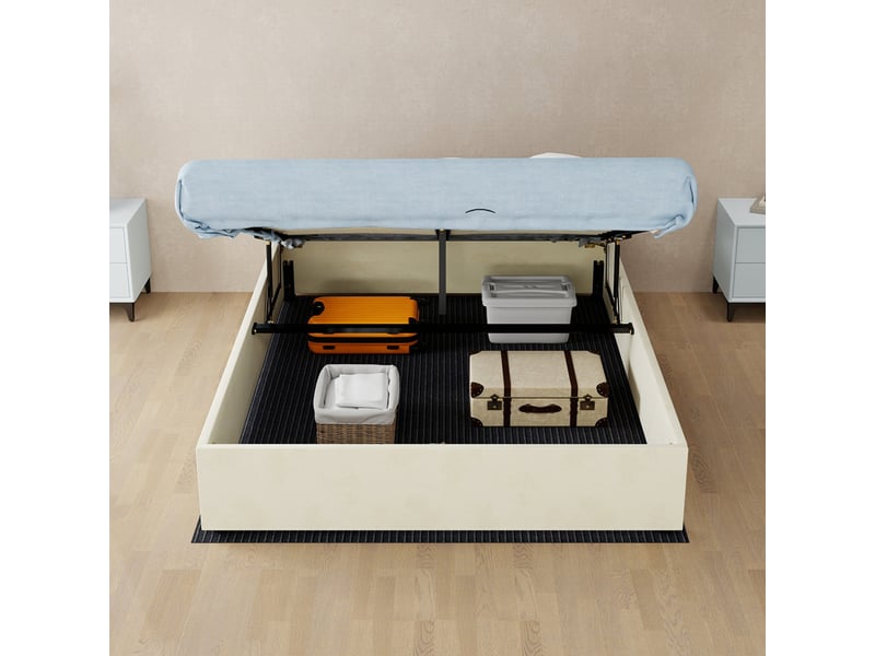  Lit coffre 140x200, 2 places, avec vérins à gaz, velours beige, design moderne  - Conforama R