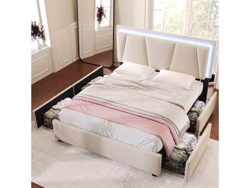  Lit rembourré double 140x200 cm en bois beige avec led, 4 tiroirs, tête réglable et matelas inclus  - Conforama E