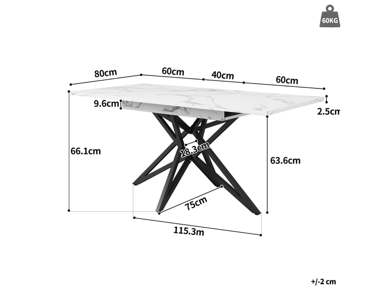  Elvmi ensemble table à manger extensible avec 4 chaises table rectangulaire 120 160 x 80 x 66 1 cm plateau en mdf aspect marbre pieds en métal blanc chaises en velours gris foncé pour salle à manger salon bureau  - Conforama C