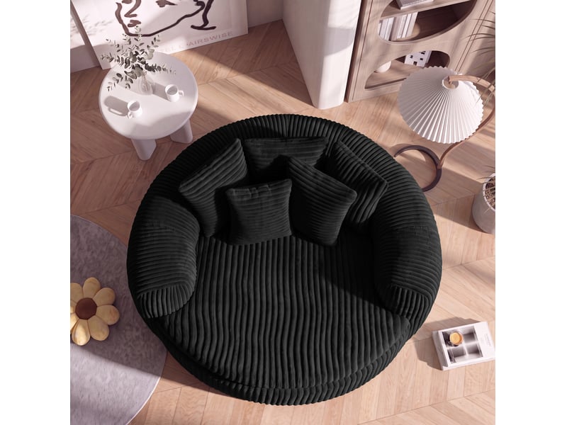Grand fauteuil circulaire 145x133x59 cm, assise profonde, 5 coussins, revêtement en revêtement en velours côtelé, noir, accoudoirs enveloppants - Conforama D