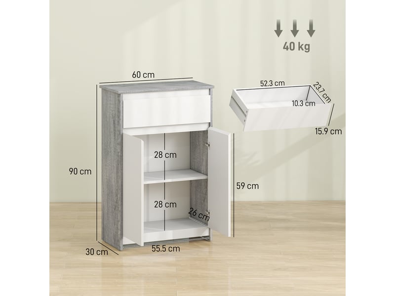  Meuble salle de bain gris et blanc avec tiroir et deux portes, 60 x 30 x 90 cm  - Conforama E