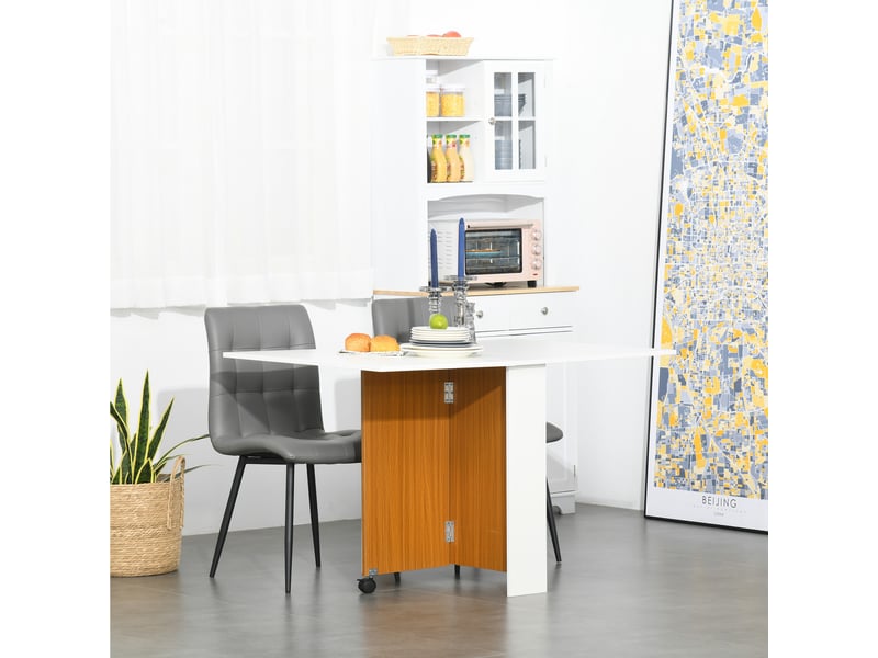  Table de salle à manger pliante à roulettes, table d'appoint multifonctionnelle avec 2 rallonges rabattables, 120 x 80 x 73 cm, blanc et teck  - Conforama D