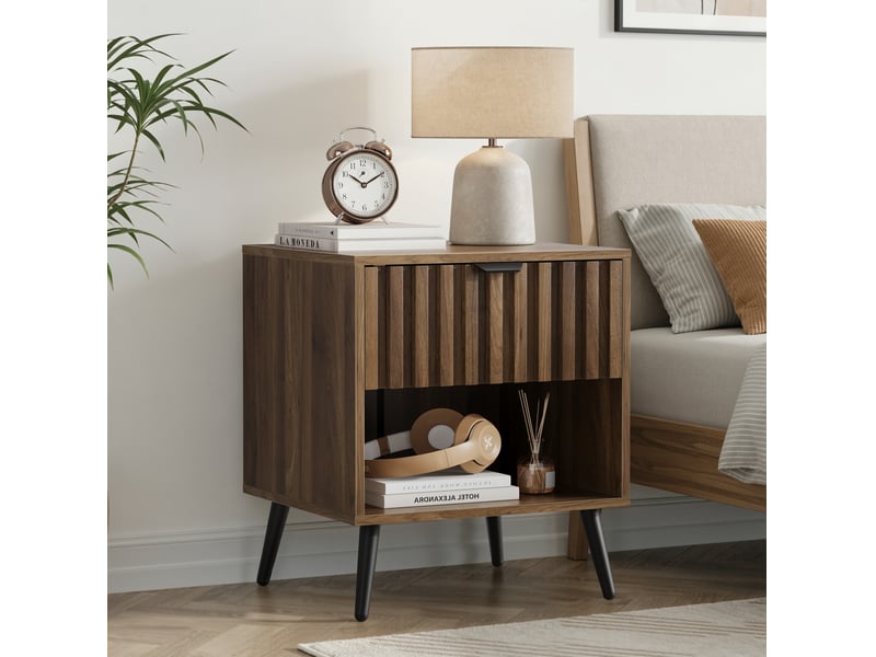 Table de chevet moderne avec tiroir et niche ouverte, meuble de rangement chambre et salon, mdf, coloris noyer et noir - Conforama B