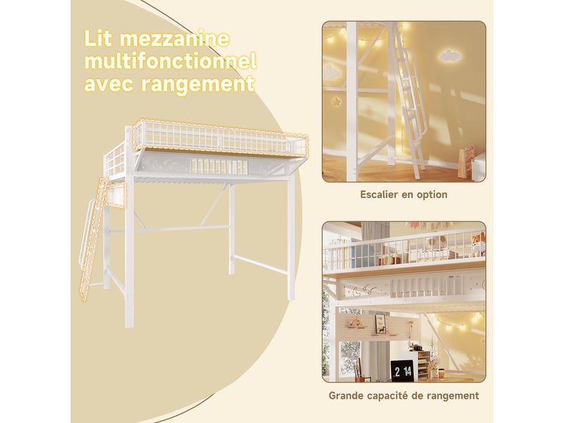 Lit mezzanine 2 personnes 140x200cm - lit haut double avec étagères de rangement, espace ouvert en bas, métal blanc evarich - Conforama D