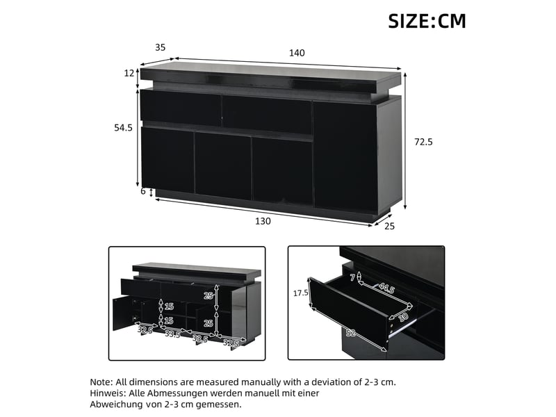  Buffet ulevr de rangement avec led, 140 x 35 x 72,5 cm, 2 tiroirs, 4 portes, étagères réglables, panneau de particules noir  - Conforama C
