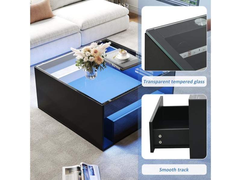  Table basse, avec éclairage led, avec 2 tiroirs, 70 x 70 x h 35 cm, noir, plateau en verre trempé, structure en mdf, style moderne, pour votre salon Luxe haut de gamme - Conforama D