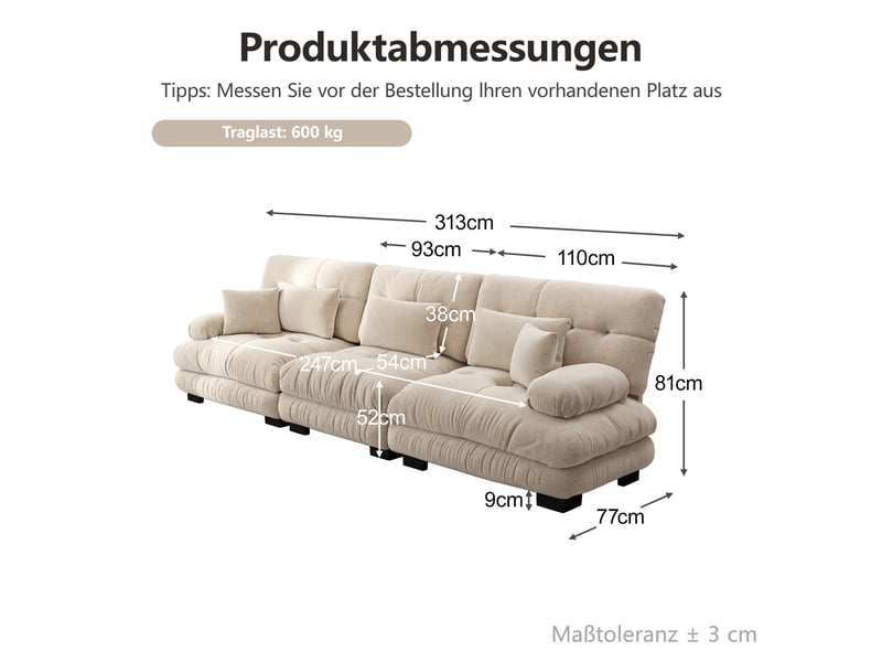 Canapé modulable 313x77x81cm 3 places, pour le salon, coussins inclus, structure en bois, tissu chenille, café clair - Conforama C