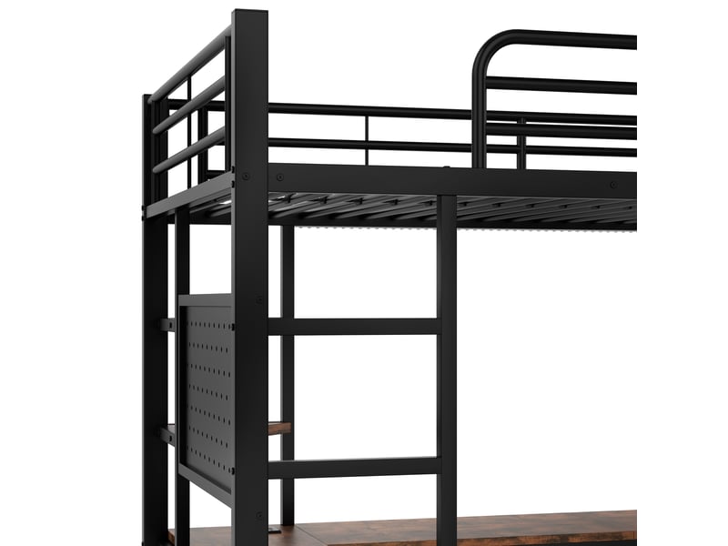  Lit mezzanine 90x200 cm avec bureau et étagères intégrés, led douce et prise usb-c, métal et mdf, noir, sans matelas  - Conforama E