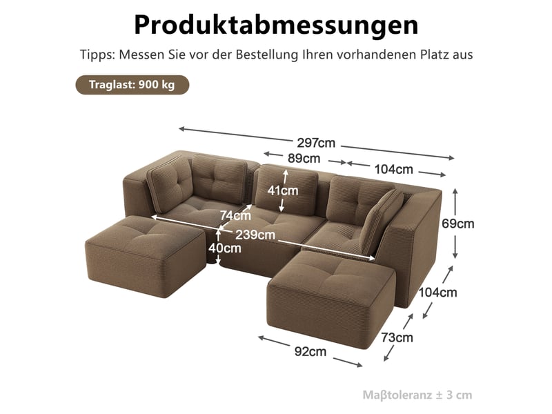  Canapé d’angle modulable 3 places en velours côtelé marron, sans structure rigide pour le salon familial  - Conforama C