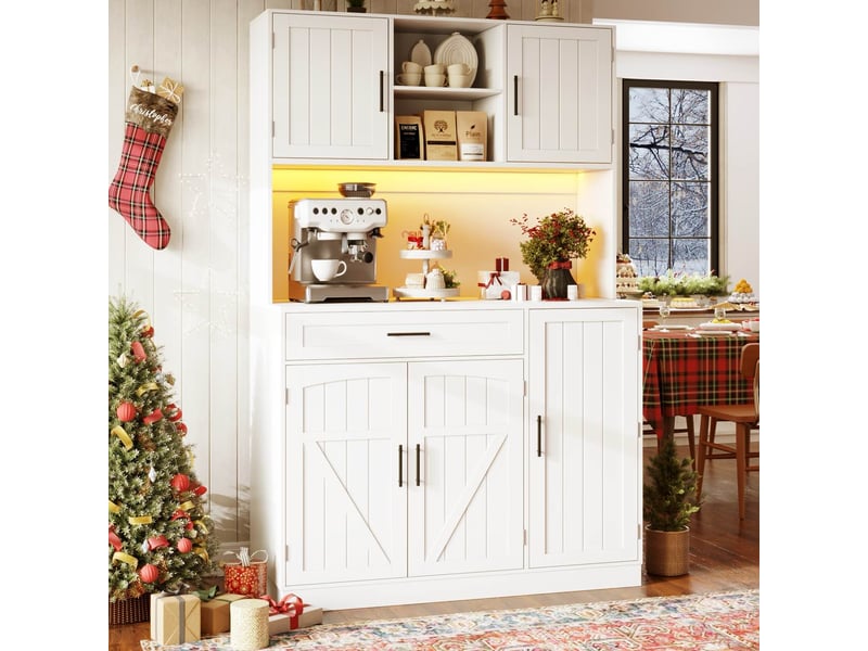  Meuble de cuisine muvano, buffet haut de cuisine blanc, led et prises, 110 × 38 × 180 cm  - Conforama C