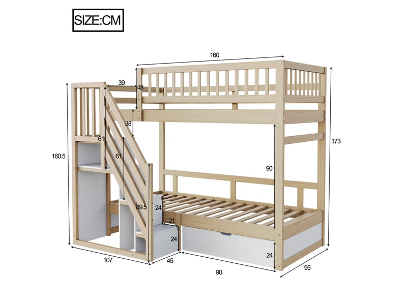 Lit superposé 90 x 200 cm, couchages superposés, escalier, tiroirs de rangement, sommier à lattes, pour la chambre, bois massif, bois naturel et blanc ABC - Conforama C