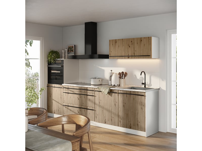  Vicco cuisine, chêne artisanblanc, 280cm plan de travail chêne doré  - Conforama C