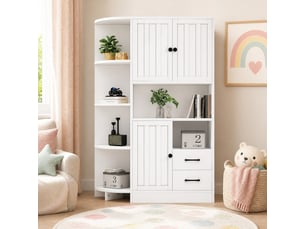 Meuble d’angle de salon 104x35x155 cm, aggloméré blanc, 3 portes, buffet de cuisine équipé de 2 tiroirs, espaces de rangement