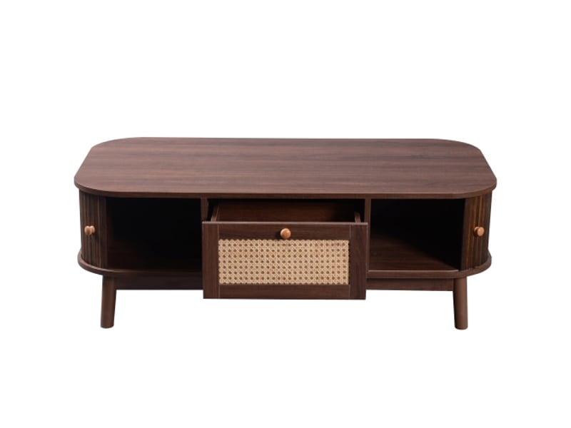  Table basse - 110x55x38,5cm - rotin, tiroirs et portes coulissantes avec lattes en bois massif, pieds en bois massif - marron  - Conforama C