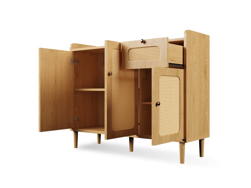  Buffet 3 portes 1 tiroir en cannage de rotin coloris chêne 120x40x91 cm AB20817980A - Conforama B