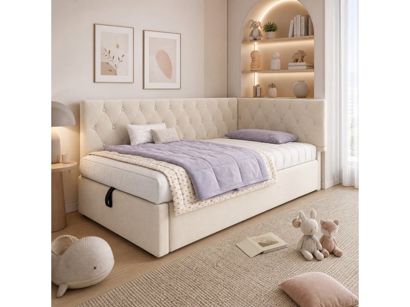  Lit banquette 190×90 cm avec rangement hydraulique et dossier réversible, sans matelas, en velours beige  - Conforama C
