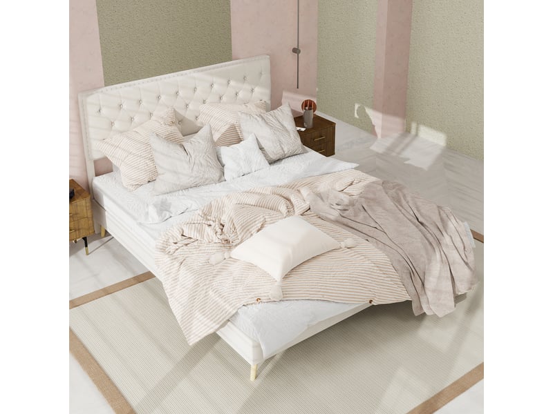 Lit adulte 140 x 200 cm, lit double, avec tête de lit moelleuse et sommier, velours beige, sans matelas - Conforama R
