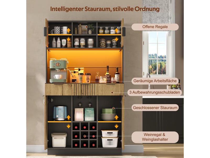 Buffet haut de cuisine 105x40x180 cm avec led rgb, 2 prises, 2 usb, 3 tiroirs, casier à vin, porte-verres, étagères réglables, noir et bois naturel - Conforama E