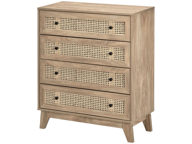  Commode à 4 tiroirs avec inserts en rotin, style bohème, 80 x 35 x 95 cm, bois naturel  - Conforama B