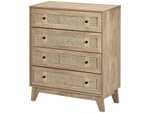 Commode à 4 tiroirs avec inserts en rotin, style bohème, 80 x 35 x 95 cm, bois naturel