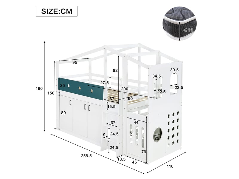  Lit mezzanine enfant 90x200 cm, avec espace de jeu et rangement, en bois, blanc, sans matelas  - Conforama C
