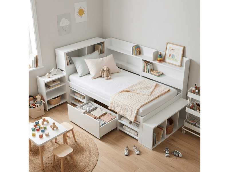  Lit simple enfant 90 x 190 cm, tiroirs et étagères, grand espace de rangement, sommier à lattes inclus, non inclus, blanc  - Conforama B