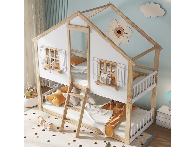  Lit superposé enfant en pin et mdf blanc ou naturel 90x200cm avec fenêtres, toit, lattes et garde-corps  - Conforama E