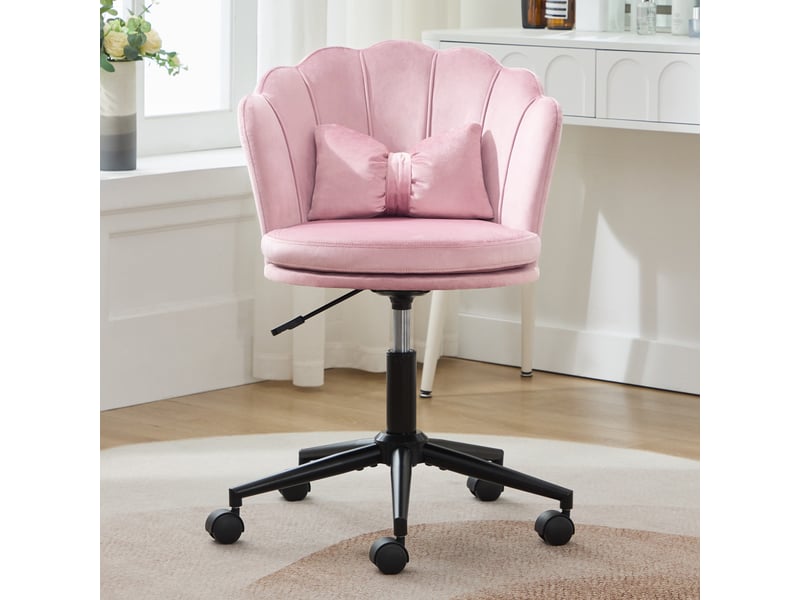  Chaise de bureau pivotante 62x55x73-83cm – avec dossier en forme de pétale et coussin lombaire papillon hauteur réglable – velours - rose  - Conforama D