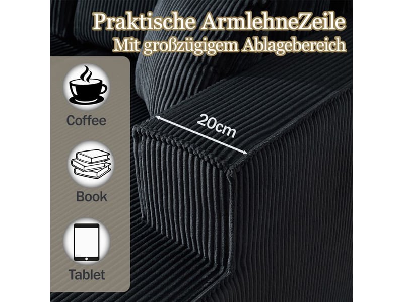  Canapé d'angle modulaire en tissu côtelé - ensemble 2 personnes + méridienne - 235x128x60 cm - velours côtelé noir - Conforama C