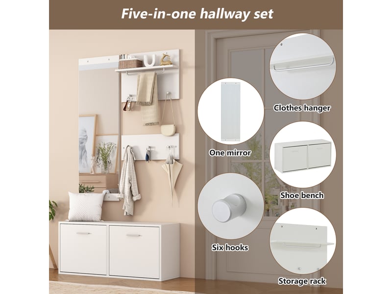  Meuble d’entrée 4 pièces blanc, banc à chaussures 90 x 30 x 41,5 cm, miroir mural et 2 porte-manteaux avec 6 patères  - Conforama E