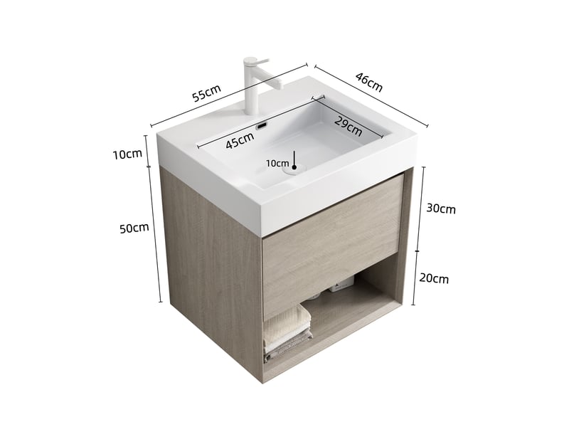 Meuble sous vasque suspendu avec 1 tiroir et 1 espace ouvert, vasque en résine, salle de bain, chêne clair et blanc - Conforama D
