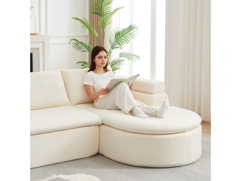  Canapé d’angle 3 places en chenille crème, méridienne arrondie Fay Lum - Conforama W