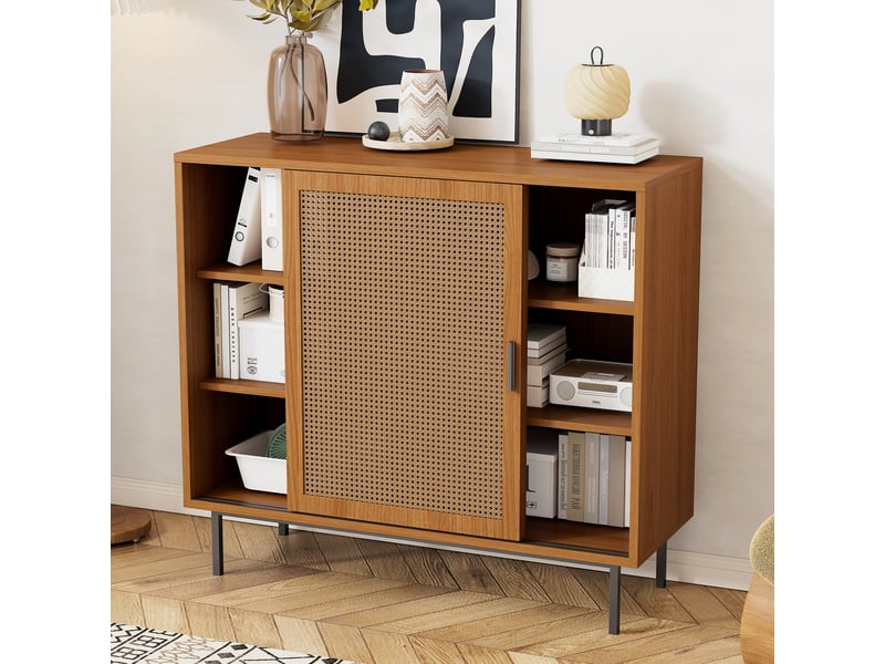  Commode 100 × 90 × 37 cm, avec 2 portes en rotin et 3 étagères, structure renforcée, noyer, en panneaux de particules, pour le salon, sur roulettes CARDUME ESTIVAL - Conforama C