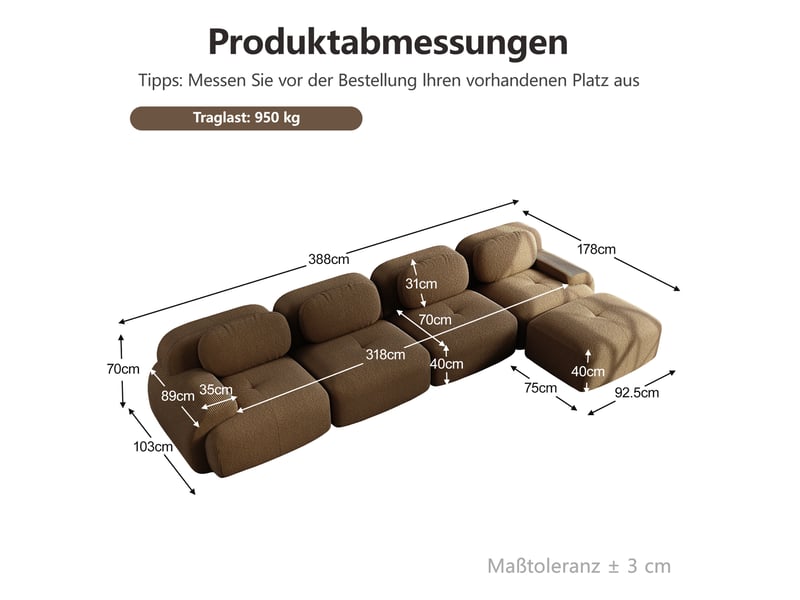 Canapé d'angle 4 places avec méridienne, marron, 388 x 178 x 70 cm Fay Lum - Conforama C