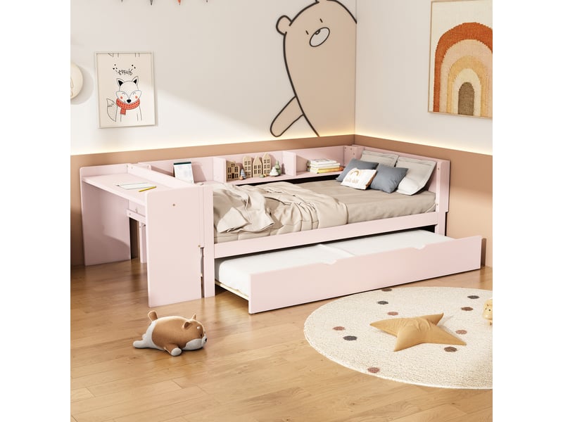  Lit simple 90x200cm avec bureau intégré et étagères, structure en bois de pin rose  - Conforama E