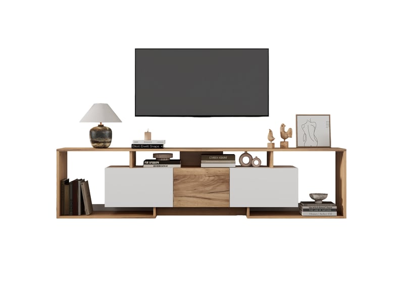  Meuble tv 180x30x49cm - meuble bas avec 2 portes abattantes, 1 porte battante et 3 niches ouvertes, pour tv jusqu’à 85 pouces - blanc et bois naturel  - Conforama A
