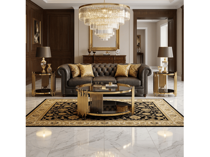 Table basse ronde de salon noir avec double plateau en verre trempé, structure dorée, rangement 80 x 80 x 45 cm - Conforama E
