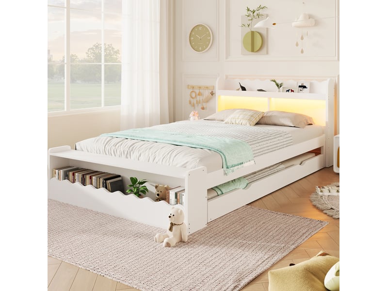  Lit simple 90x200 cm avec lit gigogne 90x190 cm, rangements et led, blanc  - Conforama D