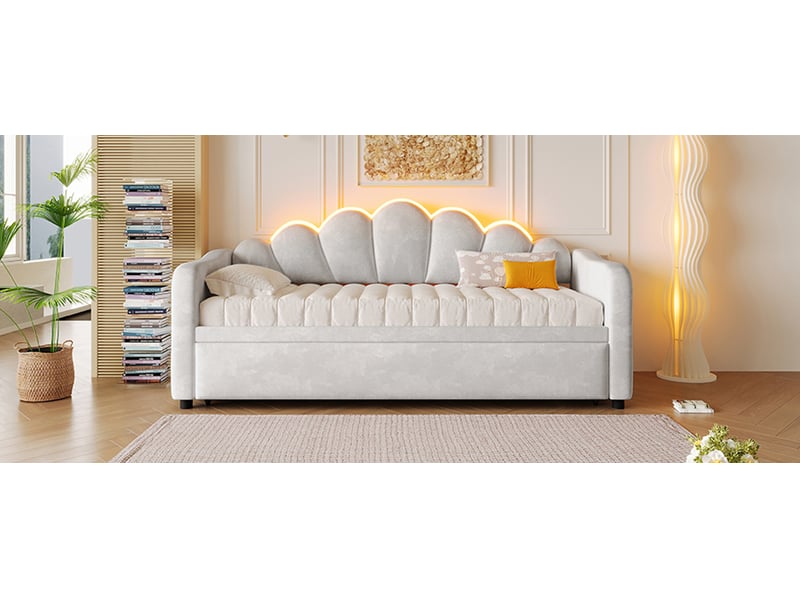  Lit banquette gigogne 90 × 200 cm, couchage relevable et led, gris  - Conforama B