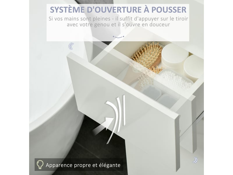  Meuble colonne rangement salle de bain style contemporain 2 placards 3 étagères et 1 tiroir coulissant panneaux particules brillant dim. 30l x 28p x 170h cm blanc laqué  - Conforama R
