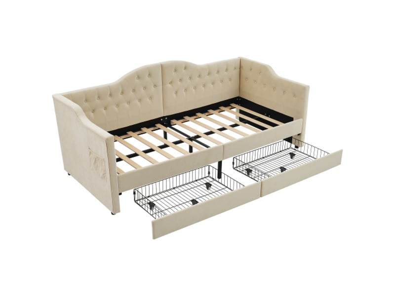 Lit enfant 90x200 cm avec 2 tiroirs et ports usb et type-c, sans matelas, beige, en velours  - Conforama E