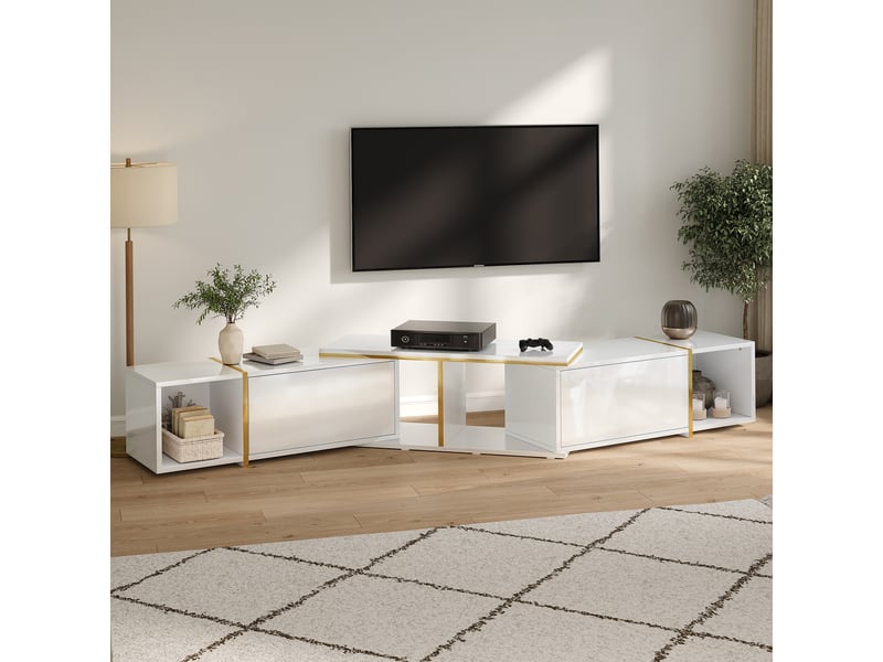  Meuble tv, 275x35x37 cm, rangement intégré, extensible, blanc cao-GL0701W-conf-NEW - Conforama W