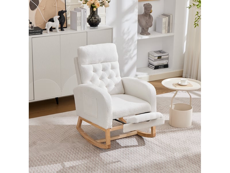  Fauteuil à bascule 65,5x123x102 cm, oscillation 30°, repose-pieds extensible, poches latérales, bois bouclé, blanc  - Conforama E