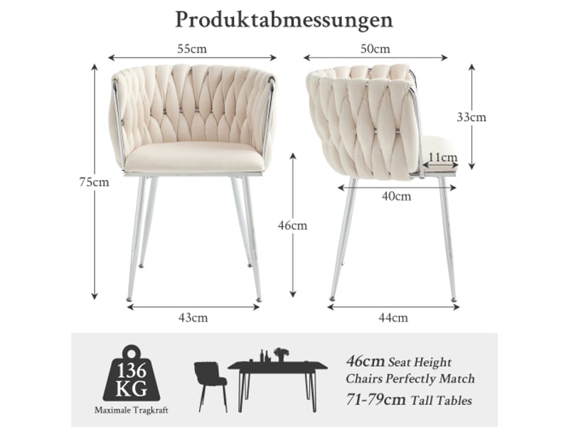  Chaise velours ivoire – ensemble de 2 chaises: salle à manger moderne, cuisine, coiffeuse et pieds argentés  - Conforama C