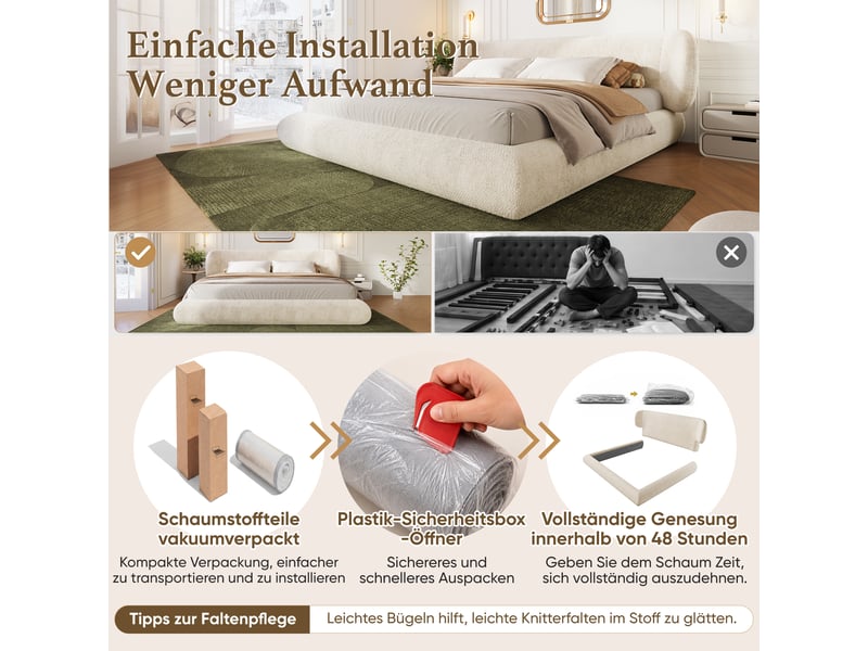  Lit adulte 140 x 200 cm, cadre de lit double, sommier à lattes inclus, tête de lit, 2 places, structure fonctionnelle, tissu, beige Morn Vibe - Conforama E