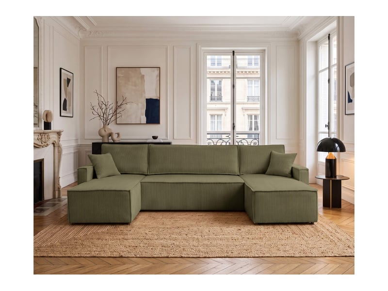  Farah - canapé d'angle panoramique convertible 6 places accoudoirs slim en velours cotelé  - Conforama B