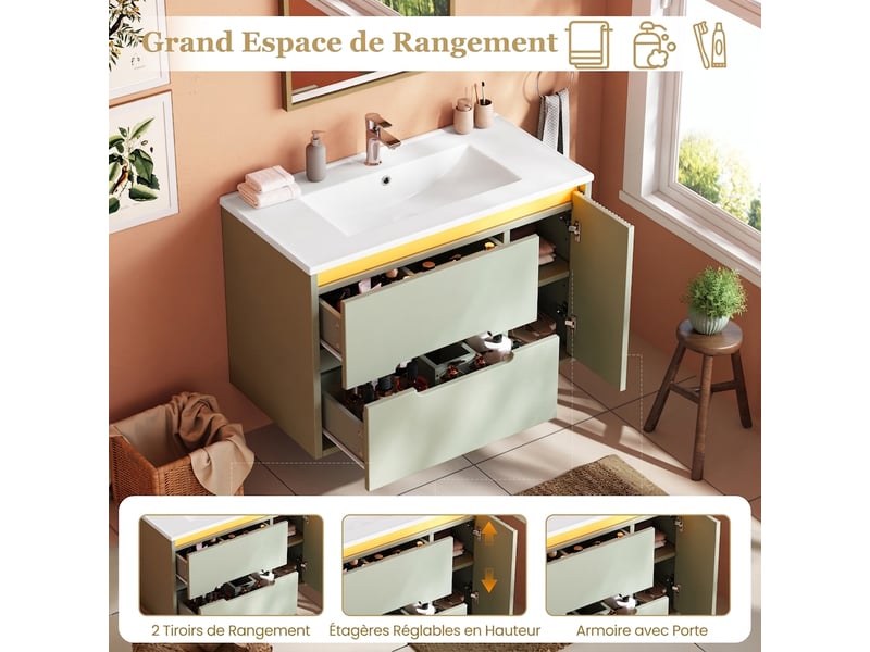  Meuble salle de bain suspendu vert 81 cm avec vasque en céramique, led et façade ondulée  - Conforama E