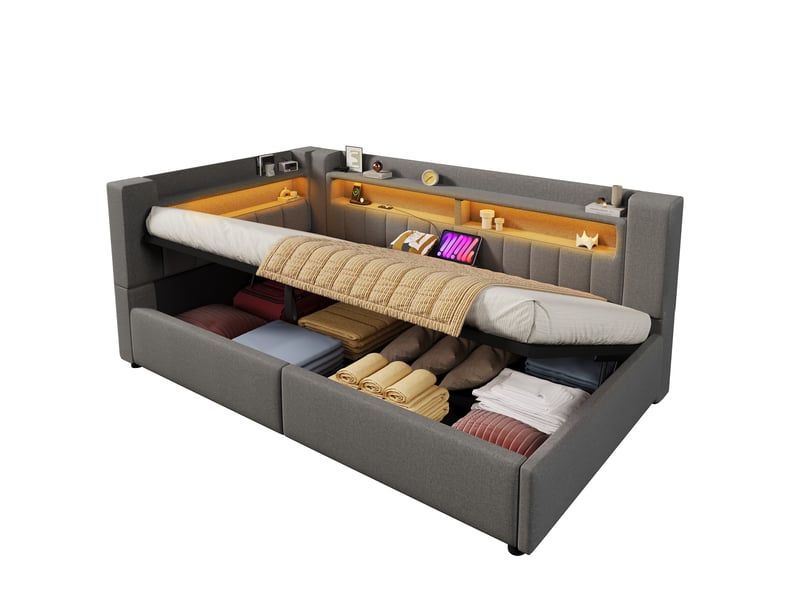  Lit coffre hydraulique 90x200 cm avec led et usb-c, tissu lin gris, structure mdf, sans matelas  - Conforama A