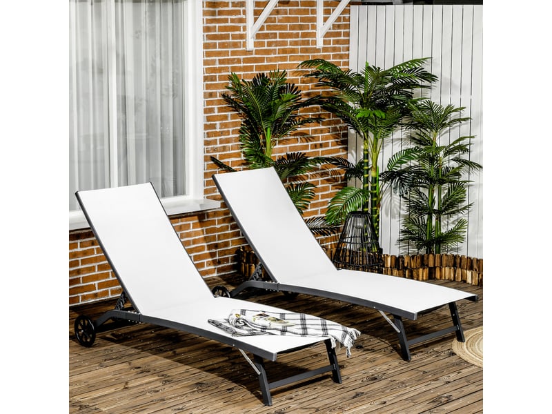  Ensemble de 2 chaises longues avec dossier inclinable, en aluminium et tissu respirant, 66 x 165 x 102 cm, couleur crème  - Conforama C