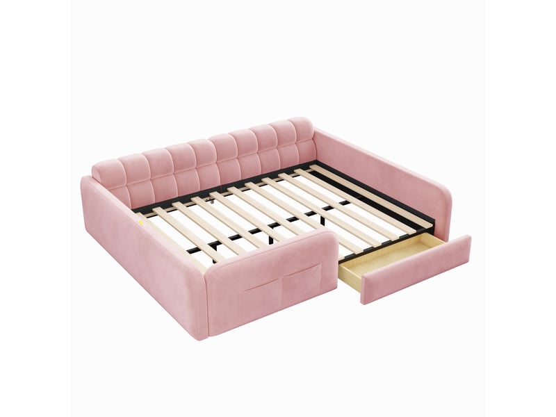  Lit enfant 140 x 200 cm avec grand tiroir, veilleuse et usbtype-c, lit rembourré en velours rose avec dossier façon canapé et hauts garde-corps  - Conforama E